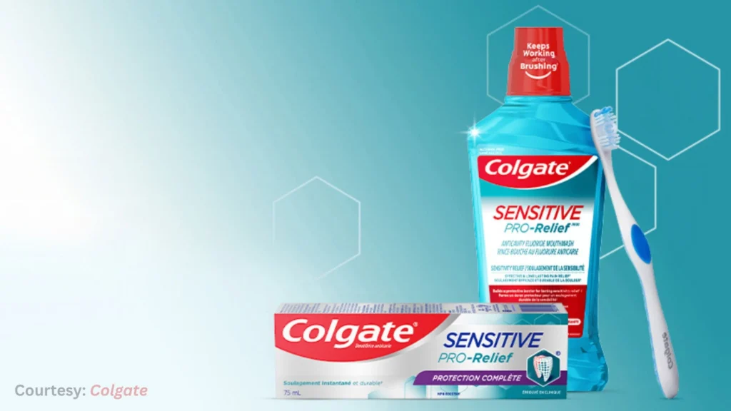 A Colgate Sensitive Pro-Relief toothpaste, mouthwash, and a toothbrush