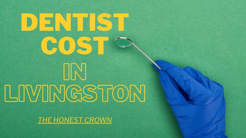 A dentist holding a mirror on a green background, showcasing the dentist cost in Livingston