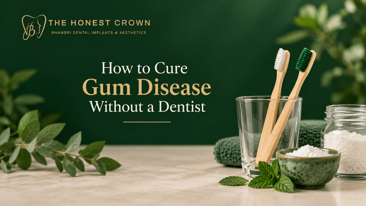 ow to cure gum disease without a dentist, featuring bamboo toothbrushes and natural oral care items against a dark green background for The Honest Crown dental clinic.
