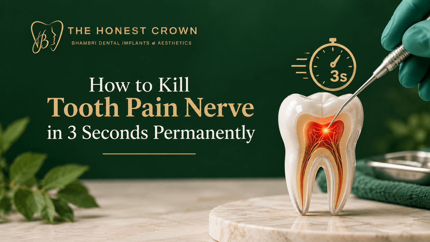 Tooth nerve pain illustration with a dental probe and 3-second stopwatch.